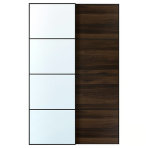 AULI / MEHAMN Pair of sliding doors, black mirror glass/double sided dark brown oak effect, 150x236 cm