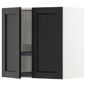 METOD Wall cabinet w dish drainer/2 doors, white/Lerhyttan black stained, 60x60 cm