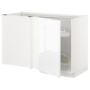 METOD Corner base cab w pull-out fitting, white/Voxtorp high-gloss/white, 128x68 cm
