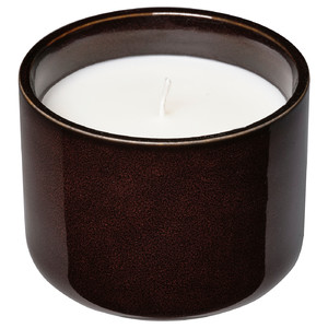 KOPPARLÖNN Scented candle in ceramic jar, almond & cherry/brown-red, 25 hr