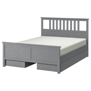 HEMNES Bed frame with 4 storage boxes, grey stained/Lindbåden, 140x200 cm
