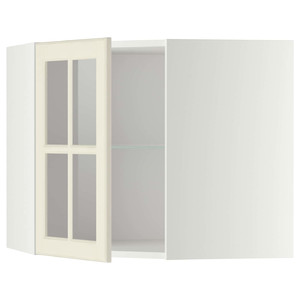 METOD Corner wall cab w shelves/glass dr, white/Bodbyn off-white, 68x60 cm
