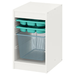 TROFAST Storage combination with box/trays, white turquoise/grey-blue, 34x44x56 cm