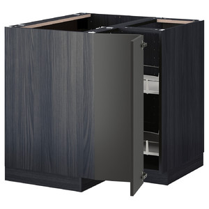 METOD Corner base cabinet with carousel, black/Nickebo matt anthracite, 88x88 cm