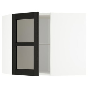 METOD Corner wall cab w shelves/glass dr, white/Lerhyttan black stained, 67.5x67.5x60 cm