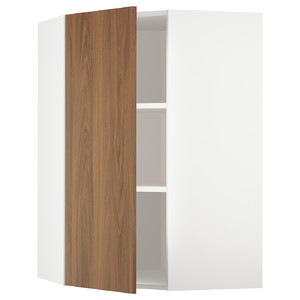 METOD Corner wall cabinet with shelves, white/Tistorp brown walnut effect, 68x100 cm