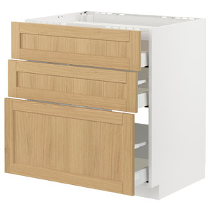 METOD / MAXIMERA Base cab f hob/3 fronts/3 drawers, white/Forsbacka oak, 80x60 cm