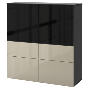 BESTÅ Storage combination w/glass doors, black-brown, Selsviken high-gloss/beige, smoked glass, 120x40x128 cm