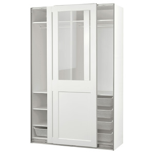 PAX / GRIMO Wardrobe with sliding doors, white/clear glass white, 150x66x236 cm