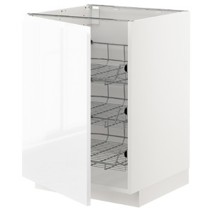 METOD Base cabinet with wire baskets, white/Voxtorp high-gloss/white, 60x60 cm