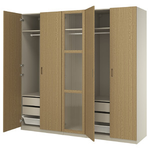 PAX / TONSTAD Wardrobe combination, grey-beige/oak veneer glass, 250x60x236 cm