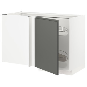 METOD Corner base cab w pull-out fitting, white/Voxtorp dark grey, 128x68 cm