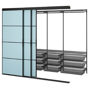 SKYTTA / BOAXEL Walk-in wardrobe with sliding doors, black metal/Mehamn light blue, 251x115x205 cm
