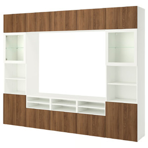 BESTÅ TV storage combination/glass doors, white Lappviken/walnut effect clear glass, 300x42x231 cm