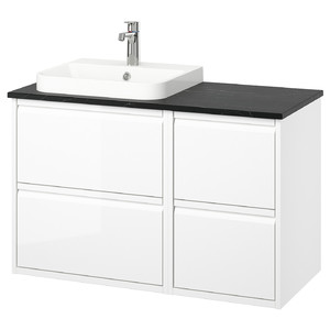 ÄNGSJÖN / BACKSJÖN Wash-stand/wash-basin/tap, high-gloss white/black marble effect, 102x49x71 cm