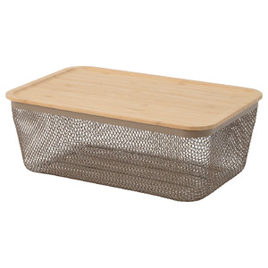 IKEA 365+ Food storage basket with lid, rectangular metal/light grey-brown bamboo, 32x21x13 cm