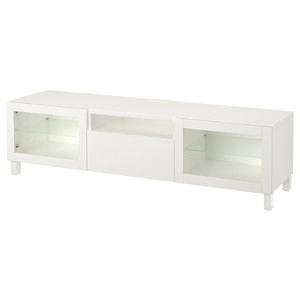 BESTÅ TV bench, white, Lappviken/Stubbarp white clear glass, 180x42x48 cm
