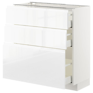 METOD / MAXIMERA Base cabinet with 3 drawers, white, Voxtorp high-gloss/white, 80x37 cm