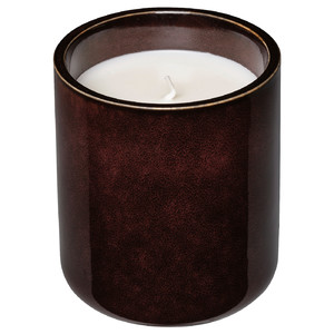 KOPPARLÖNN Scented candle in ceramic jar, almond & cherry/brown-red, 45 hr