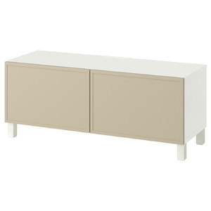 BESTÅ TV bench with doors, white/Krukmakare beige, 120x42x48 cm