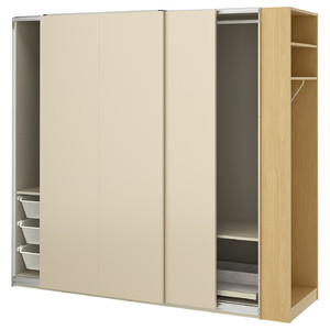 PAX / HASVIK Wardrobe with sliding doors, grey-beige grey-beige/oak effect, 220x66x201 cm