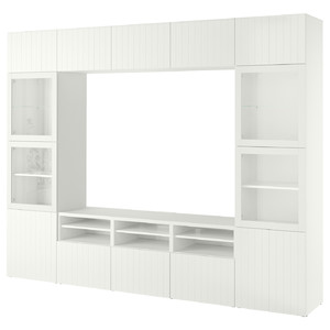 BESTÅ TV storage combination/glass doors, white Sutterviken/Sindvik white clear glass, 300x42x231 cm