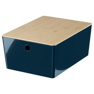 KUGGIS Box with lid, black-blue/bamboo, 26x35x15 cm