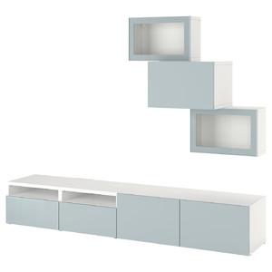 BESTÅ TV storage combination/glass doors, white Glassvik/Selsviken light grey-blue, 240x42x190 cm