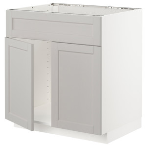 METOD Base cabinet f sink w 2 doors/front, white/Lerhyttan light grey, 80x60 cm