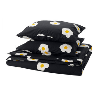 ÖGONLOCKSMAL Duvet cover and 2 pillowcases, black/white/yellow, 200x200/50x60 cm
