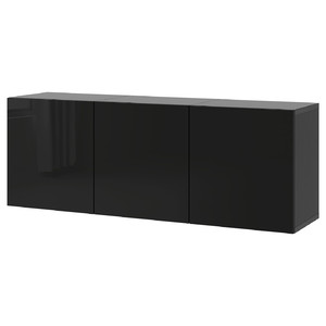 BESTÅ Wall-mounted cabinet combination, black-brown/Selsviken high-gloss/black, 180x42x64 cm