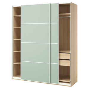 PAX / MEHAMN Wardrobe with sliding doors, white stained oak effect/double sided light green, 200x66x236 cm