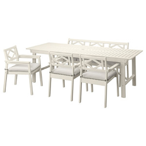 BONDHOLMEN Table+3 chrs w armr+ bench, outdoor, white/beige/Frösön/Duvholmen beige
