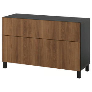 BESTÅ Storage combination w doors/drawers, black-brown/Lappviken/Stubbarp walnut effect, 120x42x74 cm