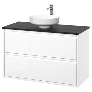 ÄNGSJÖN / LERSJÖN Wash-stnd w drawers/wash-basin/tap, high-gloss white/black marble effect, 102x49x79 cm