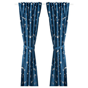 AFTONSPARV Curtains with tie-backs, 1 pair, space blue/white, 120x300 cm