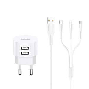 USAMS Charger T20 3in1 2.1A Micro/Lightning/USB-C EU Plug