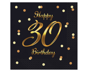 Napkins Happy 30 Birthday, black/gold, 33x33cm, 20pcs