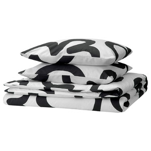 KLIPPBRÄCKA Duvet cover and 2 pillowcases, white/black, 200x200/50x60 cm