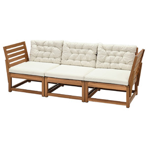 NÄMMARÖ 3-seat modular sofa, outdoor, light brown stained armrest/Kuddarna beige