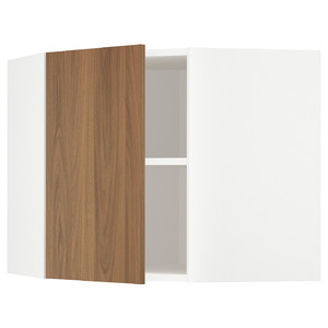 METOD Corner wall cabinet with shelves, white/Tistorp brown walnut effect, 68x60 cm