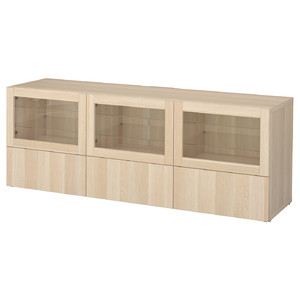BESTÅ TV bench with drawers, Lappviken, Sindvik white stained oak/transparent glass
