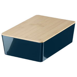 KUGGIS Box with lid, black-blue/bamboo, 18x26x8 cm