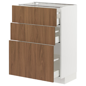METOD/MAXIMERA Base cabinet with 3 drawers, white/Tistorp brown walnut effect, 60x37 cm