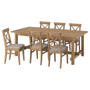 NORDVIKEN / INGOLF Table and 6 chairs, antique stain/Nolhaga grey-beige antique stain, 210/289 cm