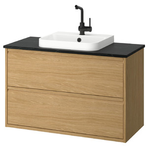 ÄNGSJÖN / BACKSJÖN Wash-stnd w drawers/wash-basin/tap, oak effect/black marble effect, 102x49x71 cm
