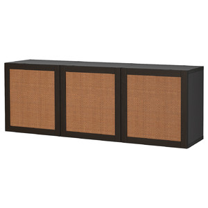 BESTÅ Wall-mounted cabinet combination, black-brown Studsviken/dark brown woven poplar, 180x42x64 cm