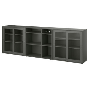 VIHALS Storage combination w glass doors, dark grey/clear glass, 285x37x90 cm