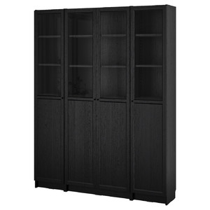 BILLY / OXBERG Bookcase comb w panel/glass doors, black oak effect, 160x202 cm