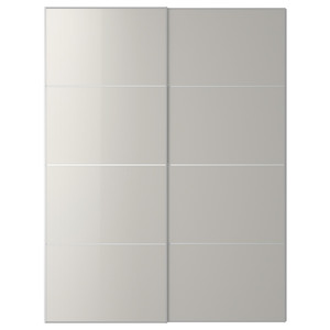 HOKKSUND Pair of sliding doors, high-gloss light grey, 150x201 cm